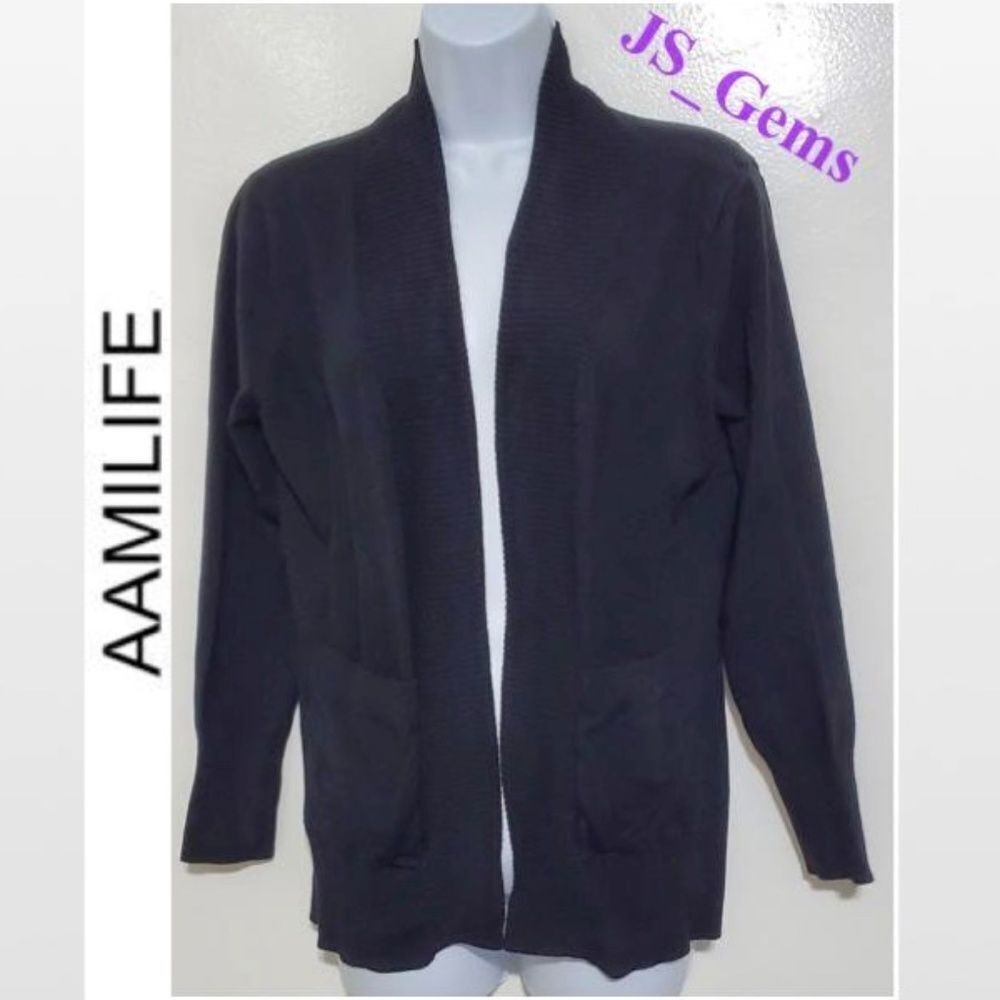 Aamilife Cardigan Sweater Womens Large Black Ribbed Open 